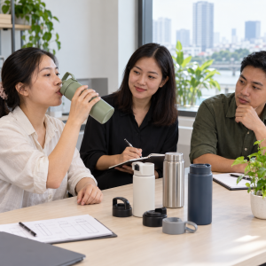 Người dùng Việt Nam thử mẫu bình nước tái sử dụng trong buổi nghiên cứu