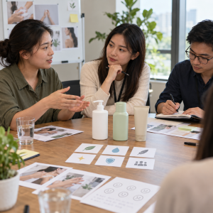 Vietnamese customers comparing product benefits in a research discussion